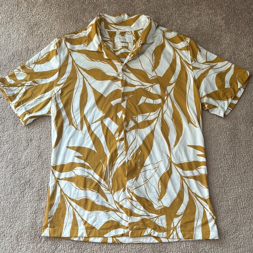 Men's Tropical Leaf Print Shirt - Gold and White